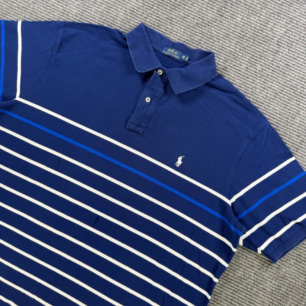 Polo Ralph Lauren Blue White Striped Short Sleeve Pique Polo Shirt Mens 2XB‎ Big